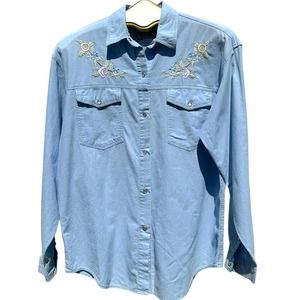 Cambridge Dry Goods - Vintage Snap Front Denim Shirt with Embroidery, Size 6